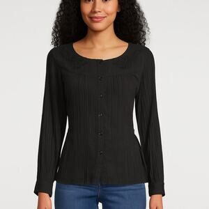 St. John’s Bay Black Button-Up Blouse Women’s Size Large Crinkle Texture